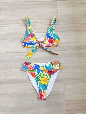 Hurley Tropical Floral Tie-Front Bikini - Blue, Yellow, Red, Green